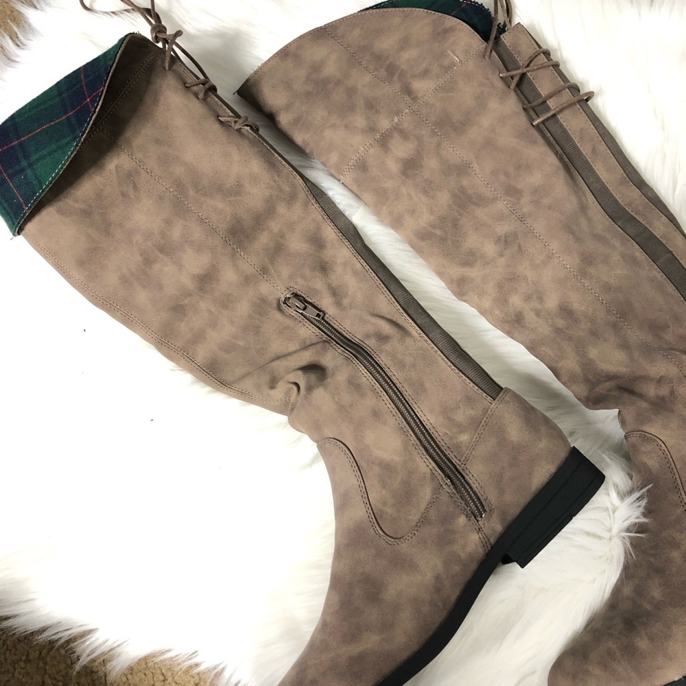 Suede Knee Length Taupe/Tartan Boots - Picture 2 of 4